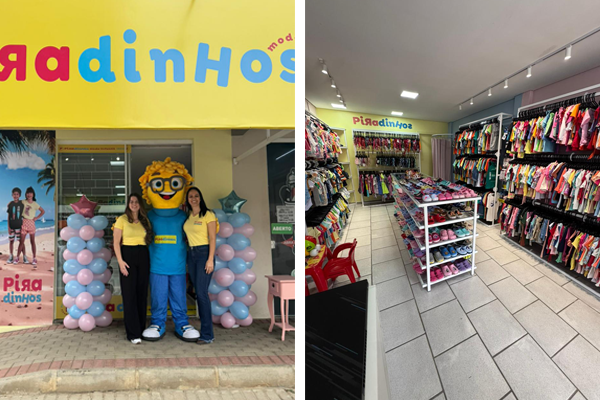 Fachada da unidade Piradinhos em Barra Velha SC com duas colaboradoras e mascote da marca ao lado de uma decoração com balões; interior da loja mostrando araras organizadas com roupas infantis e prateleiras centrais com calçados e acessórios.