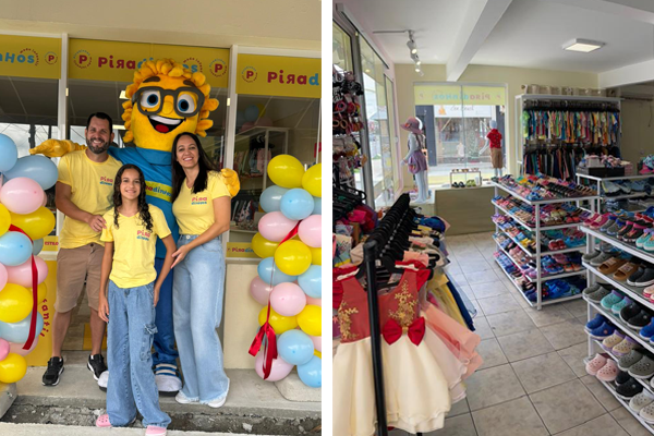 Fachada da unidade Piradinhos em Barra do Sul SC com família e mascote da marca posando ao lado de uma decoração com balões coloridos; interior da loja exibindo prateleiras com calçados, araras com roupas infantis e vestidos expostos na entrada.
