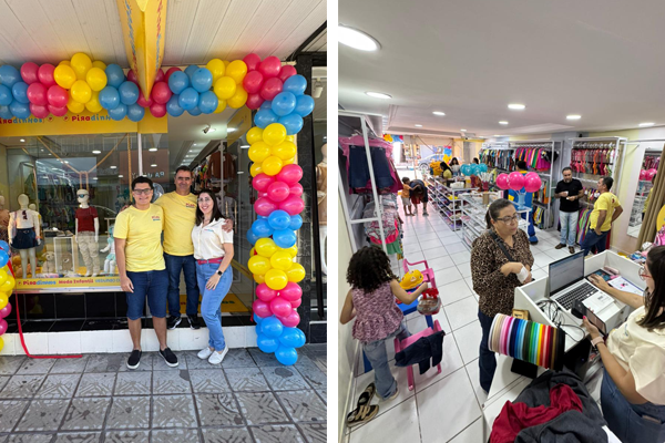 Fachada decorada da unidade Piradinhos em Goiânia GO com balões coloridos e equipe na entrada; interior da loja mostrando clientes, roupas infantis expostas e atendimento no balcão.